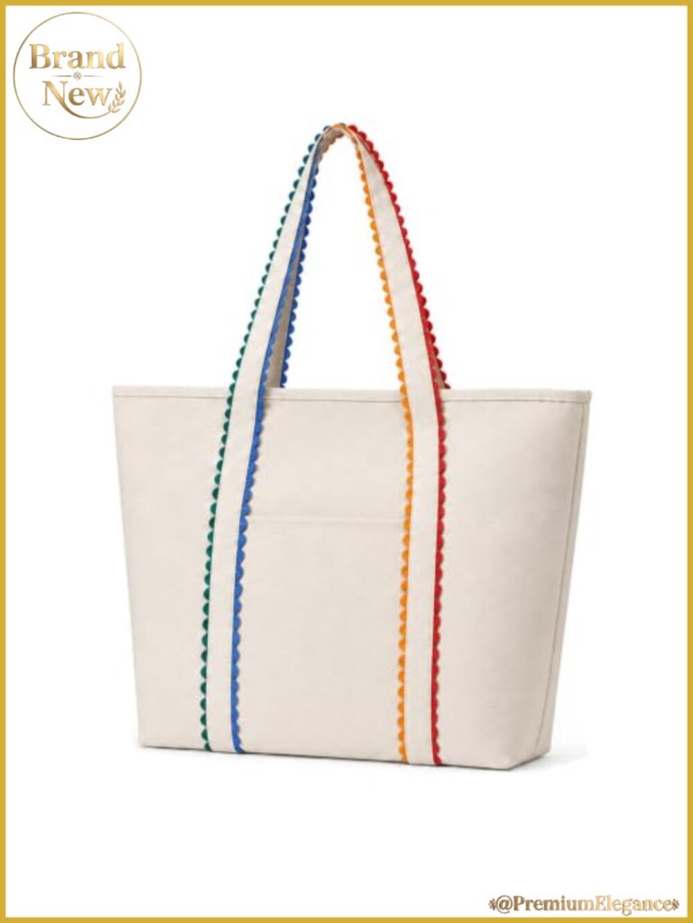 Large Canvas Tote Bag with Zipper, Colorful Rick Rack Trim Beach Tote
